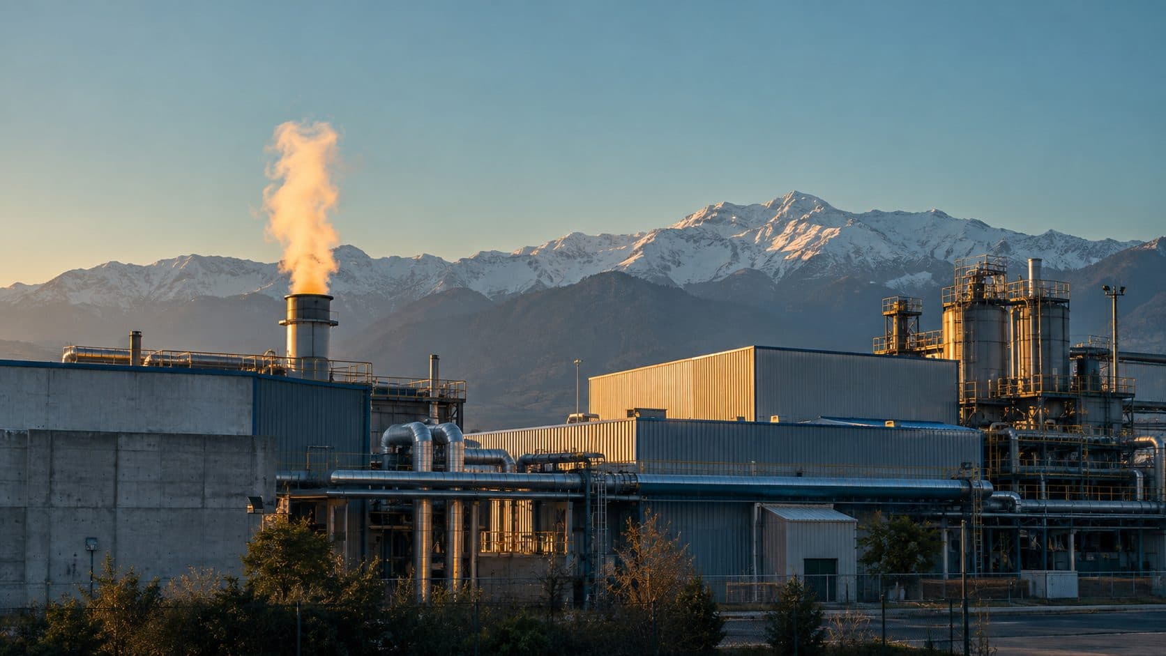 Ilustración: planta industrial en la periferia de Santiago al amanecer, con vapor saliendo de una chimenea y la cordillera de los Andes al fondo.